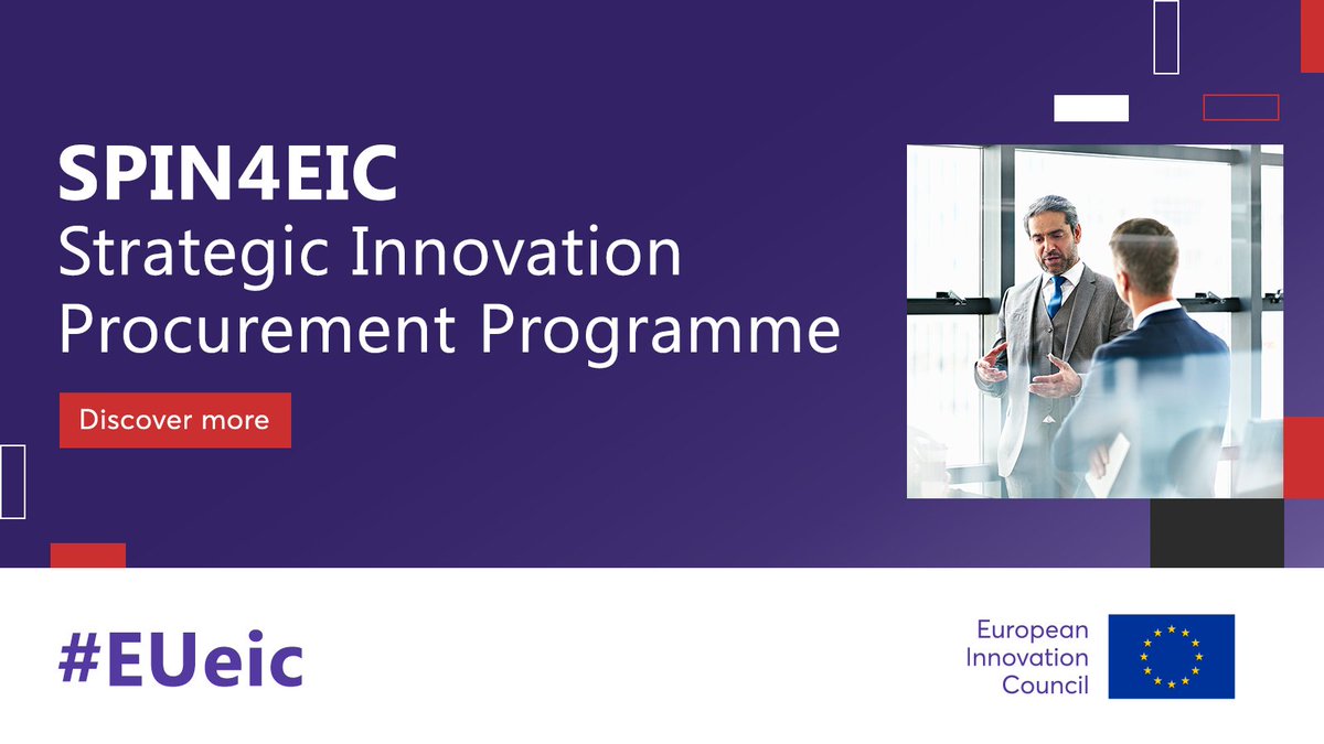 SPIN4EIC programı, Avrupa İnovasyon Konseyi (EIC) tarafından kısa bir süre önce başlatılan, kamu otoritelerine ve EIC yenilikçilerine destek hizmetleri sunmayı ve nihayetinde yenilik tedarik piyasalarını küresel ölçekte geliştirmeyi amaçlayan yenilikçi ve benzersiz bir girişimdir. SPIN4EIC, ileri görüşlü KOBİ'lerden ve yeni kurulan şirketlerden yenilikçi çözümler tedarik etmek isteyen kamu alıcılarına destek hizmetlerinin sunulması ve kamu otorileritelerini birbirine bağlayan bir topluluğun oluşturulması d